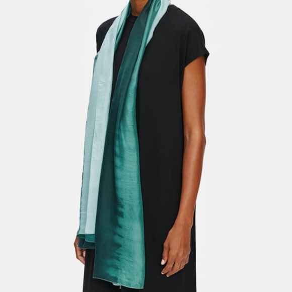 Eileen Fisher Tie Dye Organic Cotton Blend Scarf Shibori Green - Picture 2 of 3